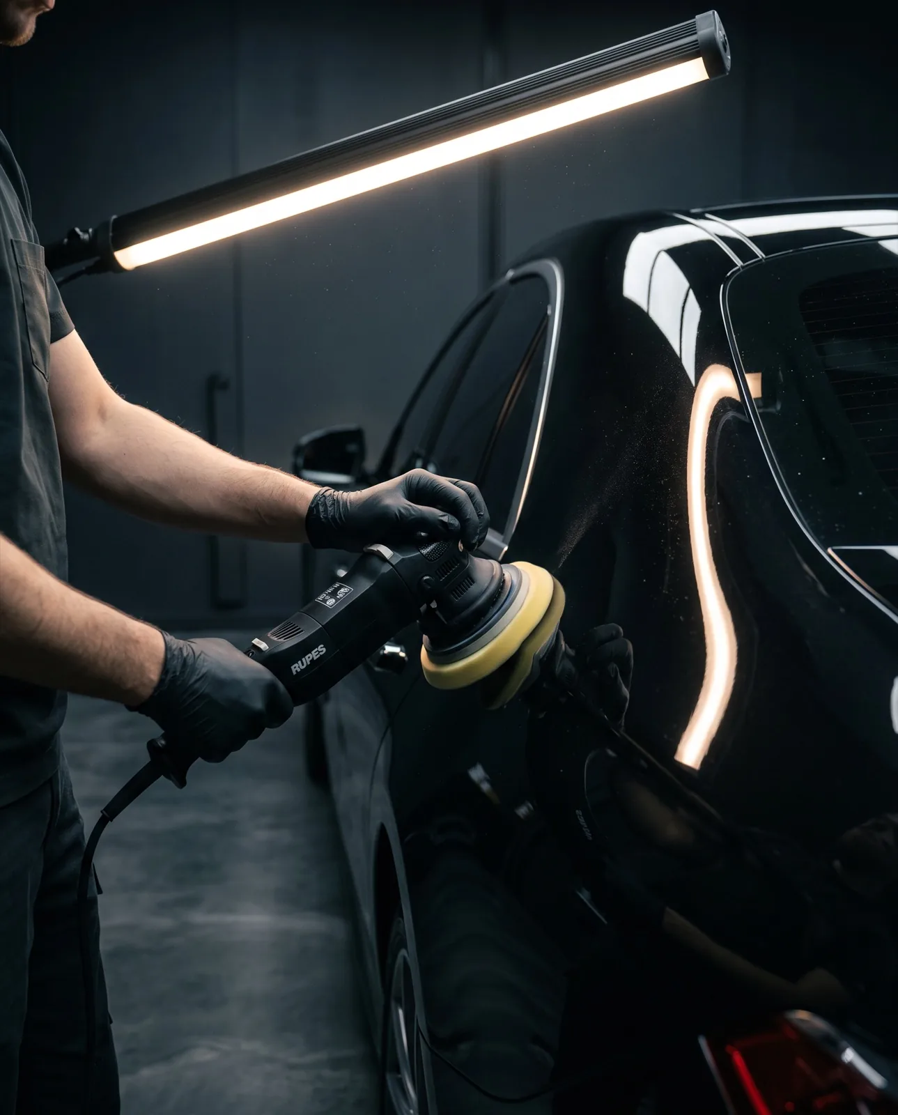 Detailer beweegt een polijstmachine over de zijkant van een zwarte auto onder een inspectiebalk