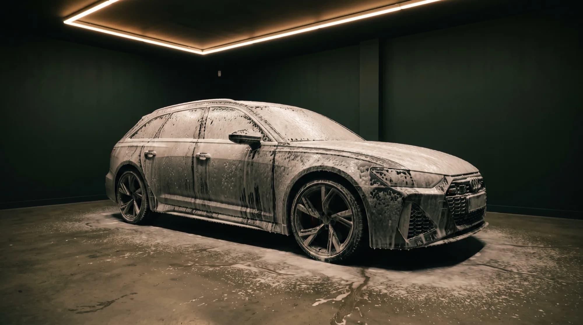 Auto onder een dikke laag schuim in een verduisterde detailingstudio