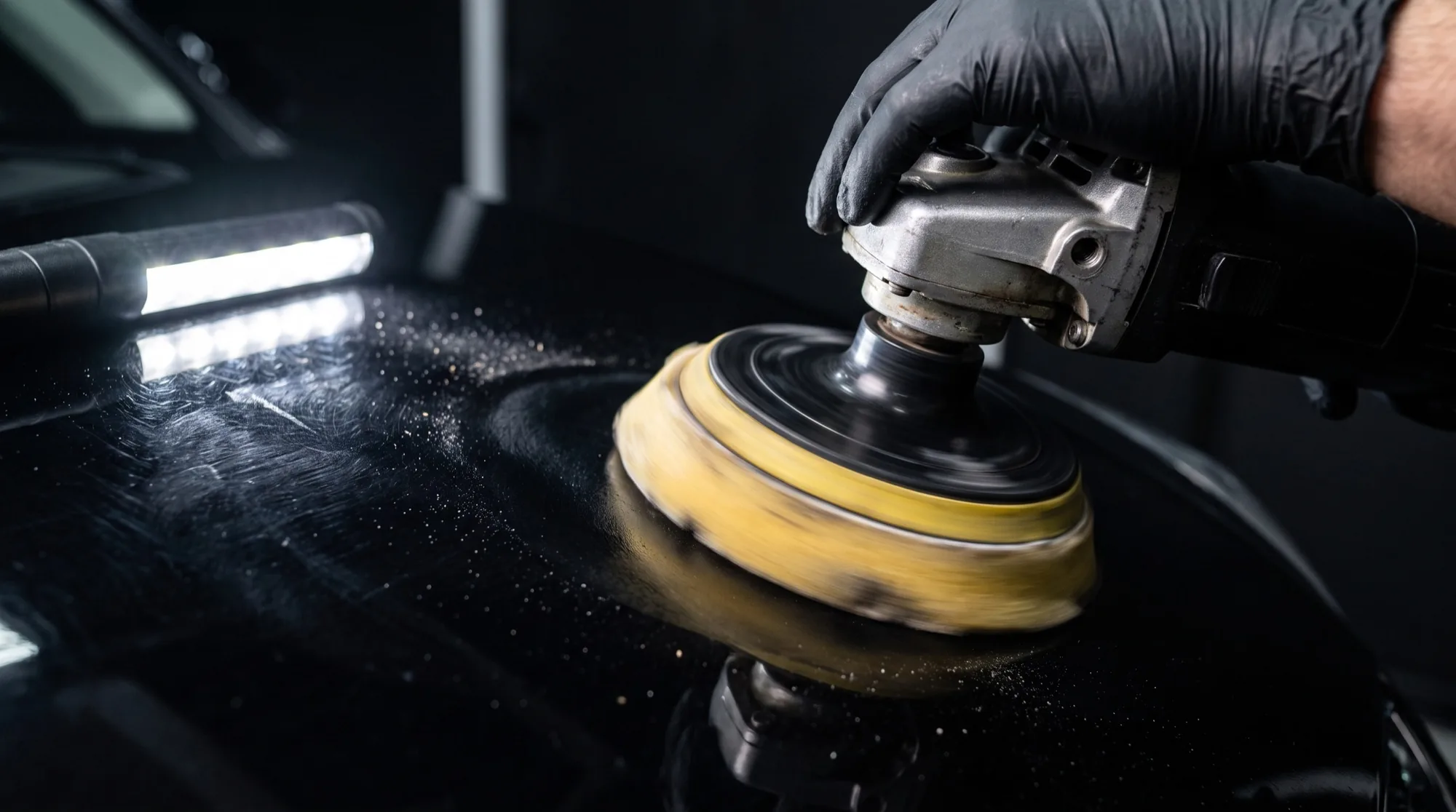 Polijstmachine met gele pad op diep zwarte lak, met de swirls zichtbaar naast de pad